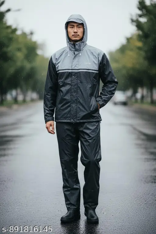 Men's Waterproof Plastic Raincoat Hooded & Lightweight blackgray