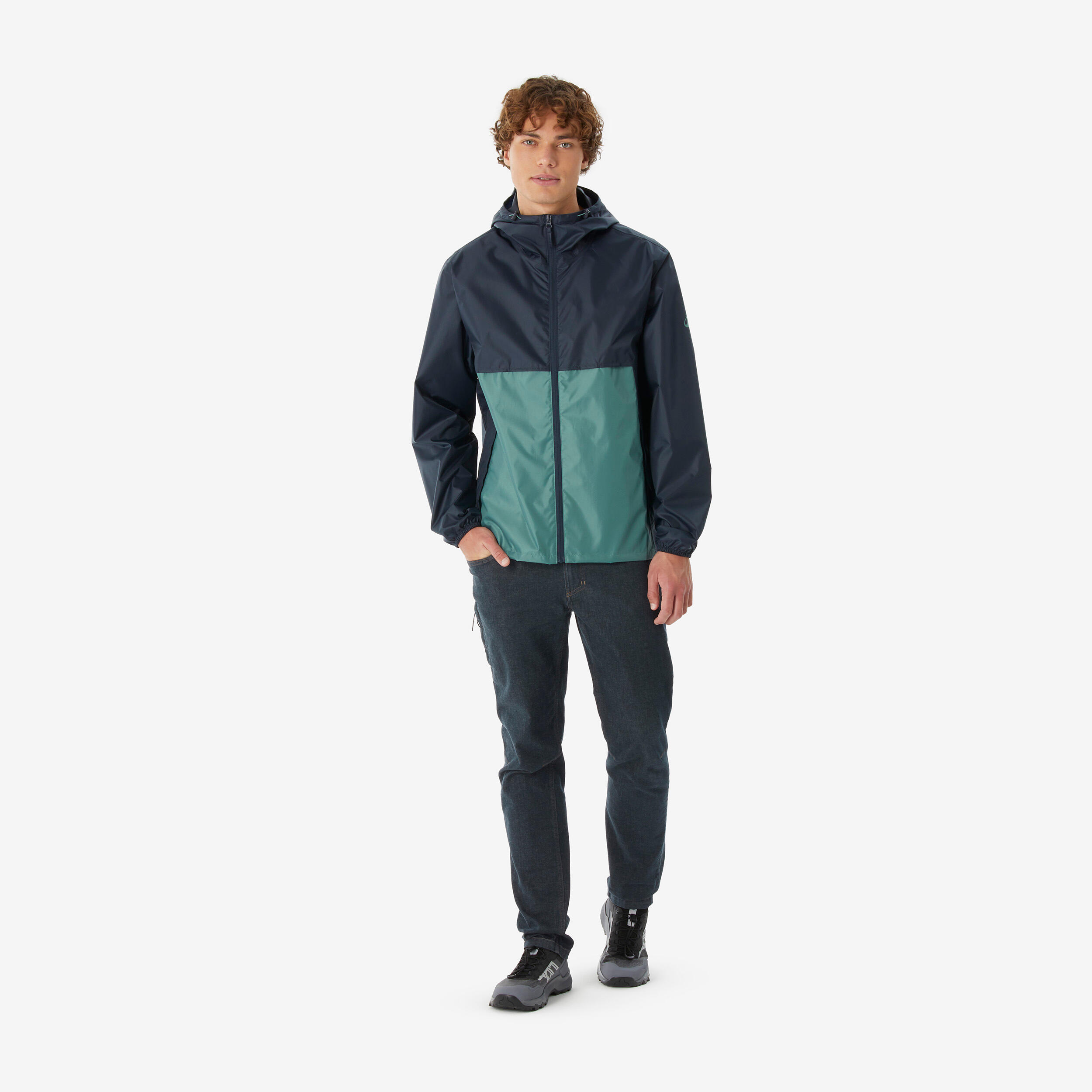 Raincoat Men Waterproof Full Zip Hiking Jacket with Compact Pouch - Navy