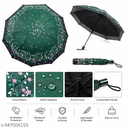 Premium Floral Print 3 Fold Automatic Umbrella for Women  Lightweight Windproof Foldable Umbrella  Purple Design  Pack of 1