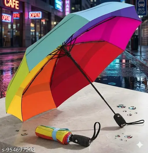 Rainbow Color Automatic Foldable Umbrella for Men & Women  Windproof Compact Travel Umbrella