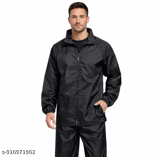 Waterproof Raincoat for Men Heavy Duty  Water Resistant Rain Coat for Bike I Rainsuit with Hood (Black-XL)